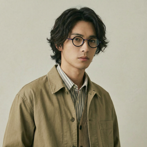 Compact and refined, this Japanese-inspired round acetate frame worn by a model