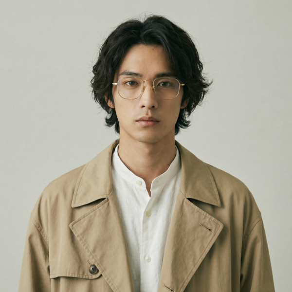 Bold yet balanced, this gold beta-titanium frame uses worn by a model