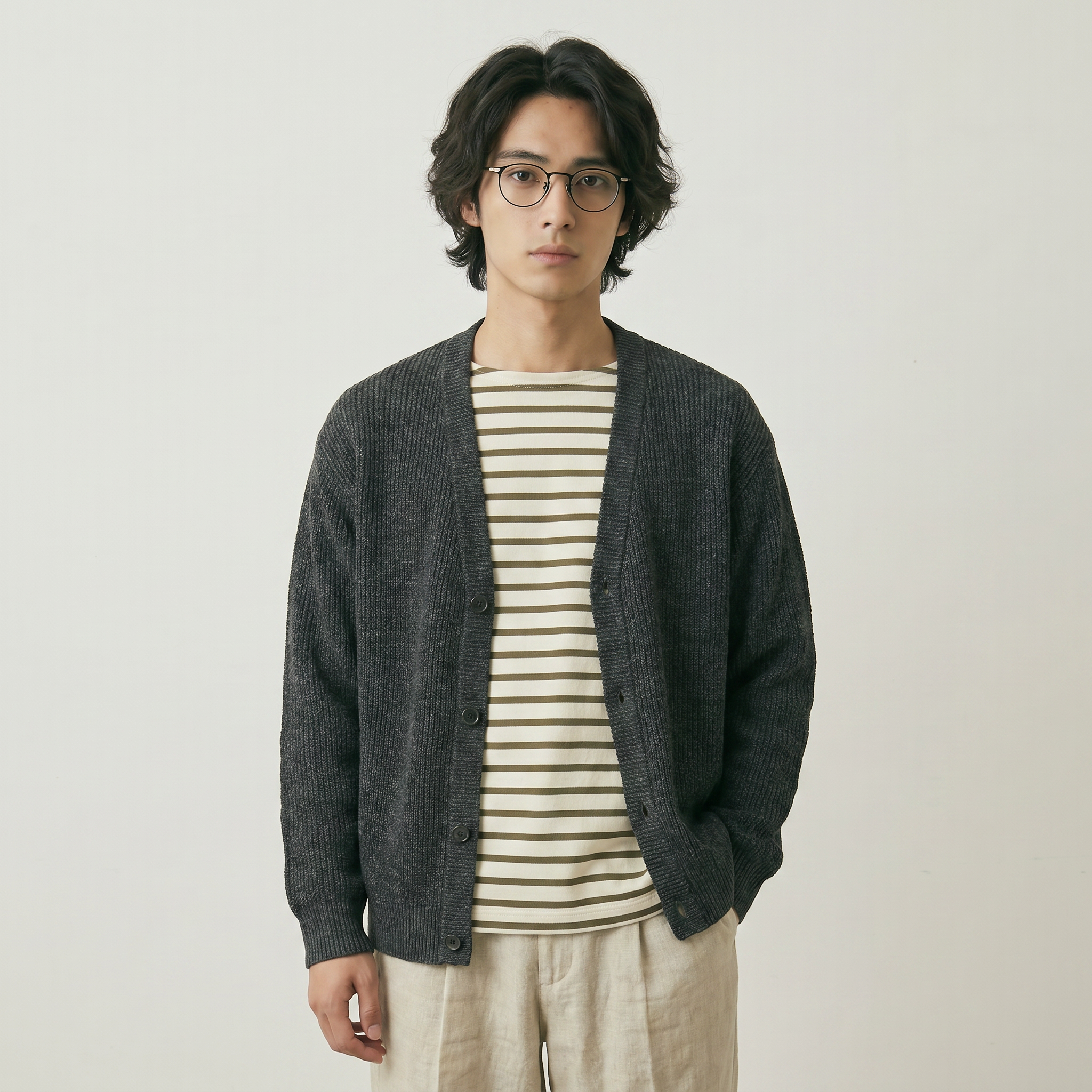 Model wearing lightweight round titanium eyeglass frames