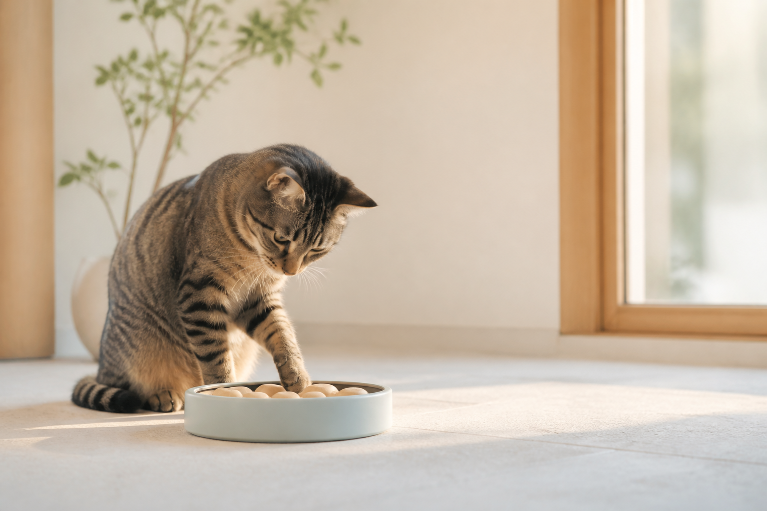 Cat exploring a puzzle feeder