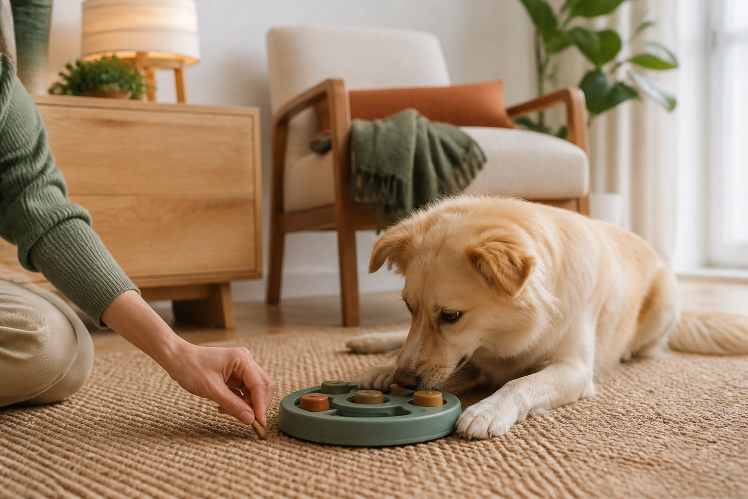Dog enjoying a puzzle toy at home